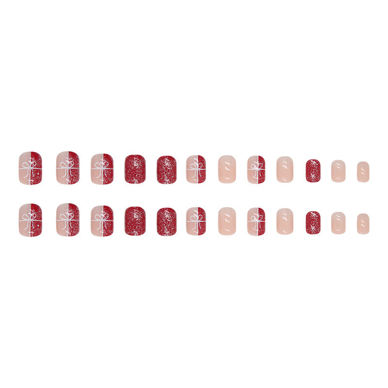 Red Gift Box Press on Nails 24Pcs Short Squoval  Nails