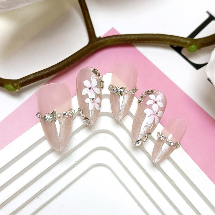 Flower Diamond French Cat Eye（Handmade press on nails）/10Pcs Almond Nails