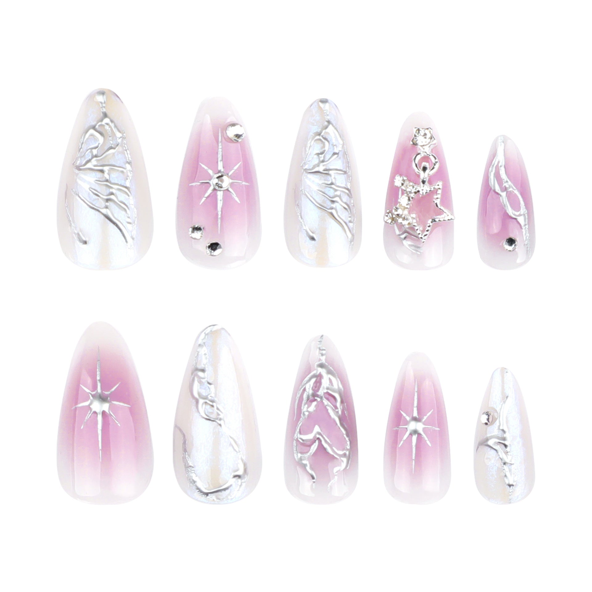 3D Silver Butterfly Press on Nails 24Pcs Medium Almond Nails