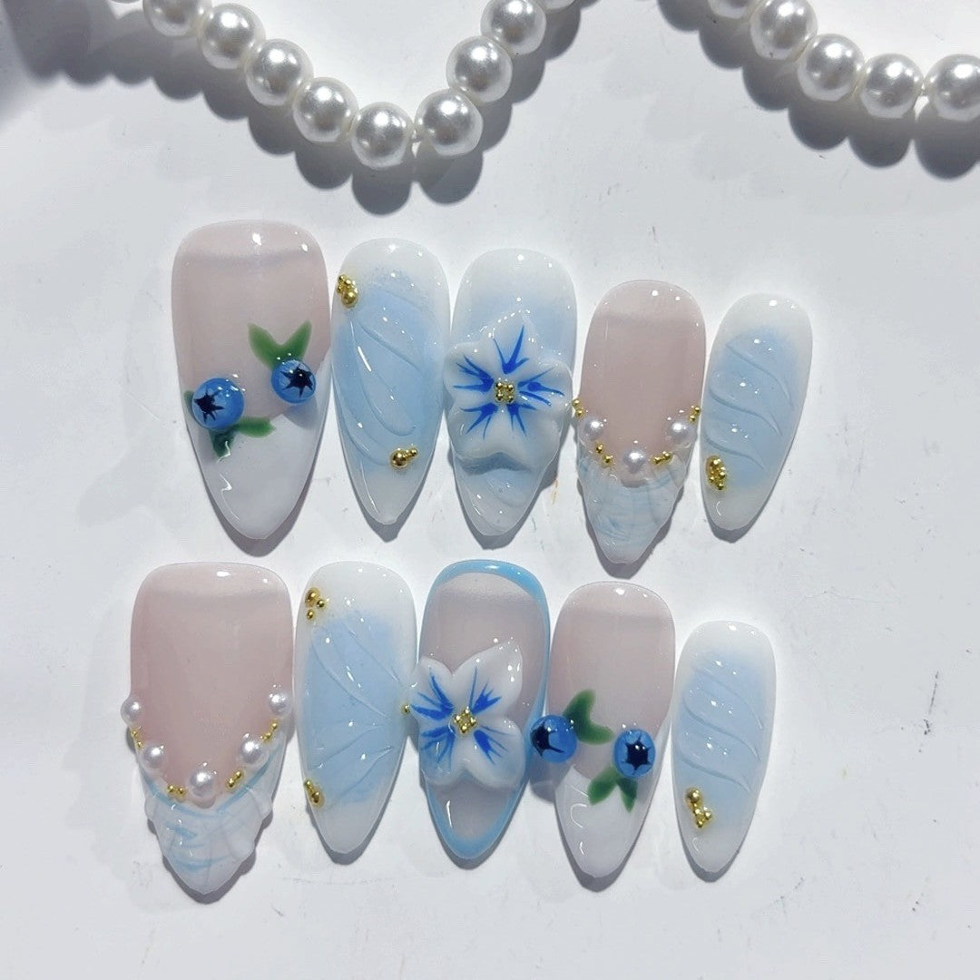 Line Blueberry Flower（Handmade press on nails）/10Pcs Almond Nails
