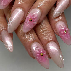 Aurora 3D Flower Pink Press on Nails 24Pcs Medium Almond Nails