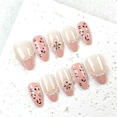 Pink Pearl Leopard Print Press on Nails 10Pcs Short Almond Nails