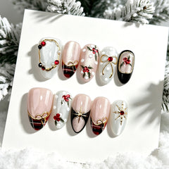 Christmas Red Fruit Bow Presson on Nails 10Pcs Medium Almond Nails