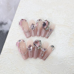 Pink Gradient Cat's Eye Diamond Handmade press on Nails / 10Pcs  Ballerina Nails