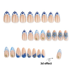 Blue & White 3D Flower Presson on Nails 24Pcs Medium Almond Nails