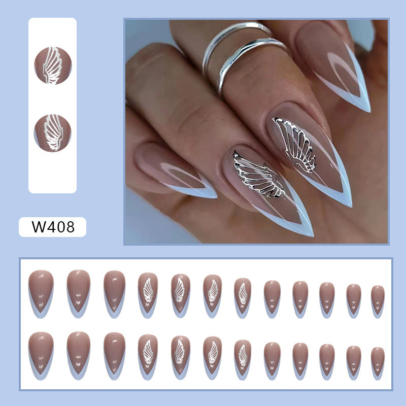 French Wings Press on Nails 24Pcs Medium Almond Nails