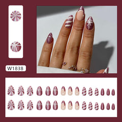 Fine Glitter Bow Stripes Press on Nails 24Pcs Short Almond Nails