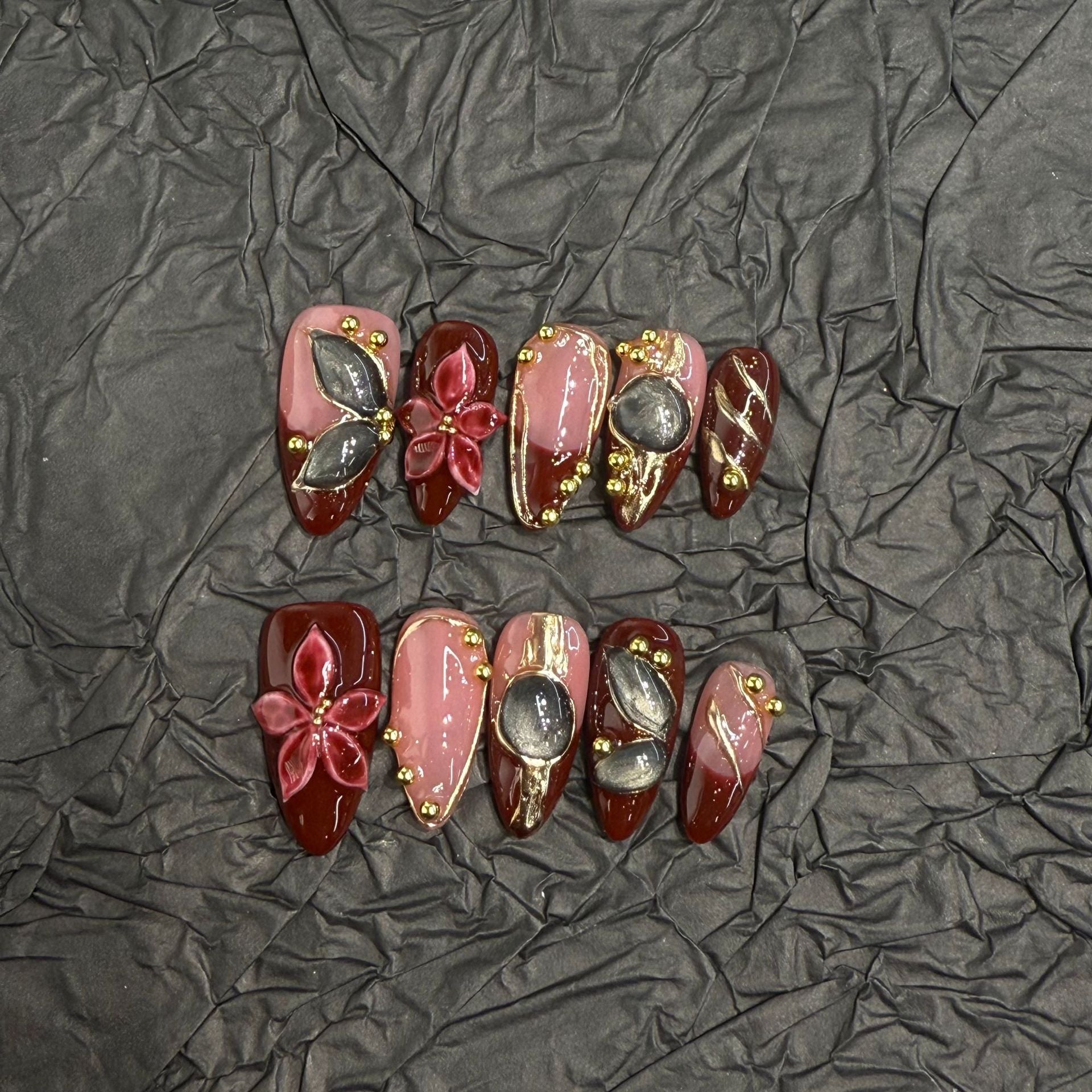 Red Velvet 3D Flower（Handmade press on nails）/10Pcs Almond Nails