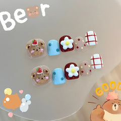 Polka Dot Bear Flowers（Handmade Press On Nails）/10Pcs Short Children's Nails