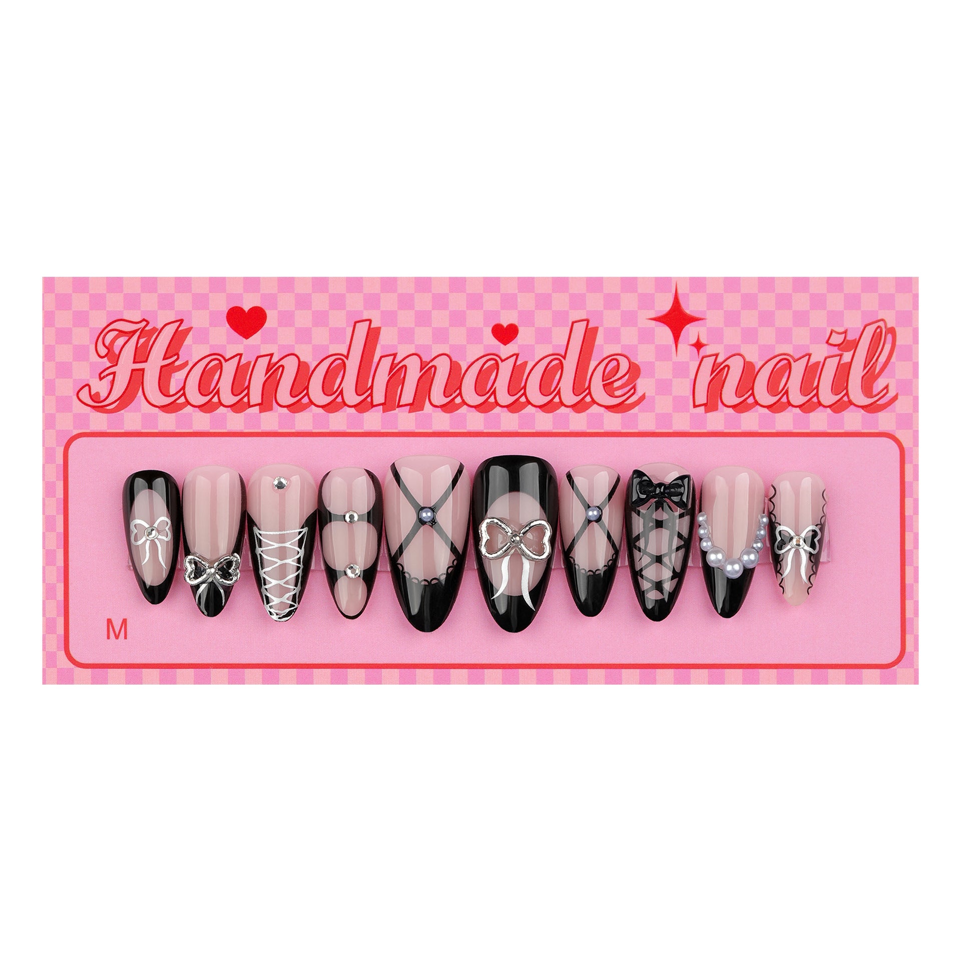 French Black Bow（Handmade press on nails）/10Pcs Almond Nails