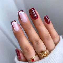 Simple Christmas Hat Press on Nails 24Pcs Short Squoval Nails