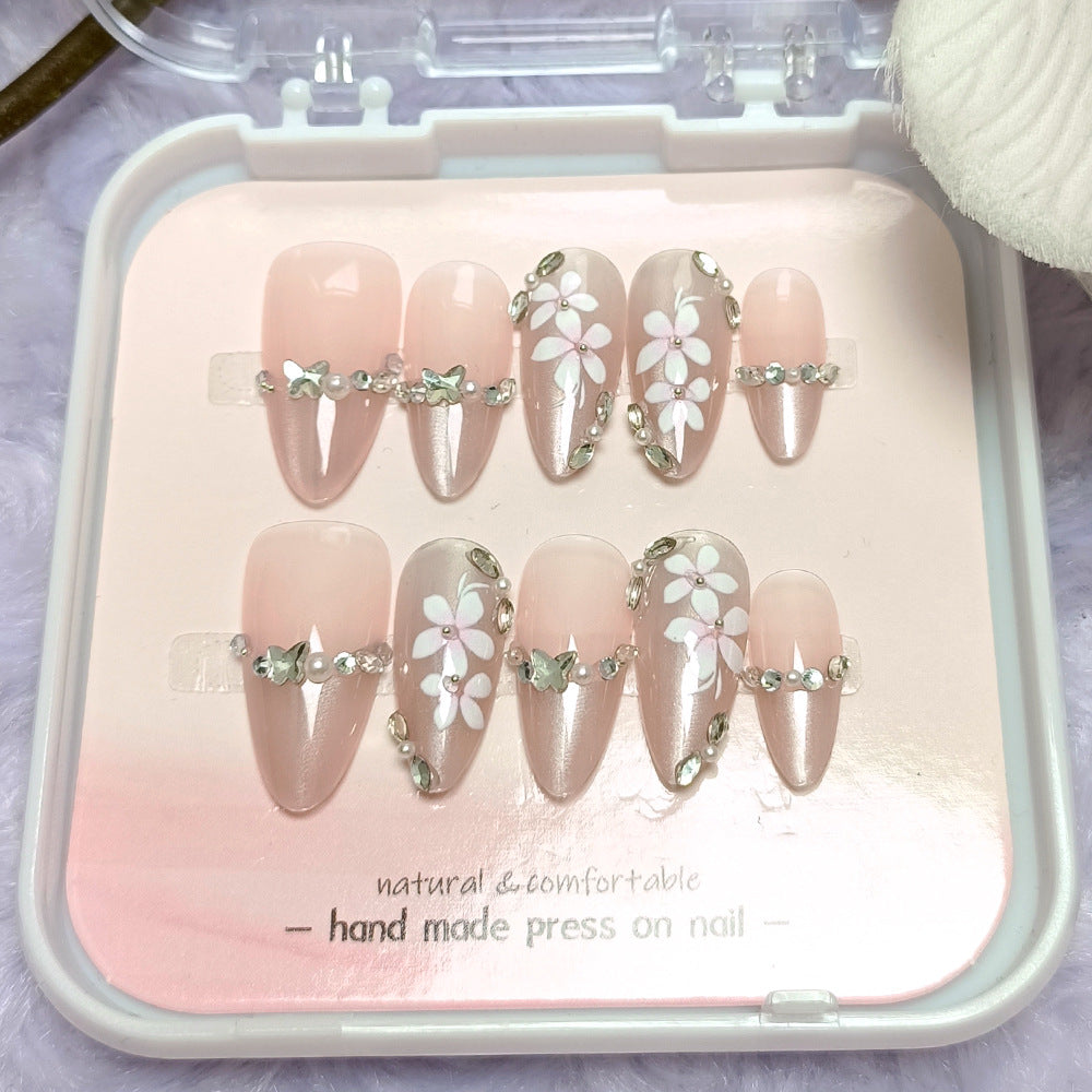 Flower Diamond French Cat Eye（Handmade press on nails）/10Pcs Almond Nails