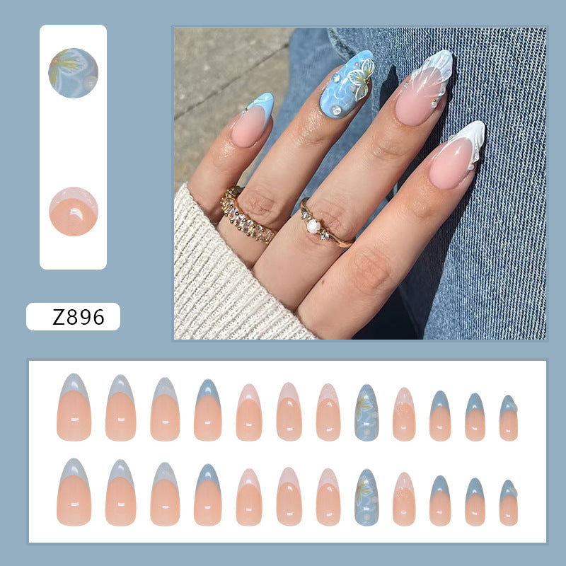 Summer Sea Wave Shells Blue Press on Nails 24Pcs Medium Almond Nails