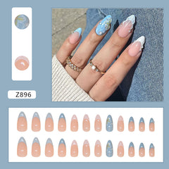 Summer Sea Wave Shells Blue Press on Nails 24Pcs Medium Almond Nails