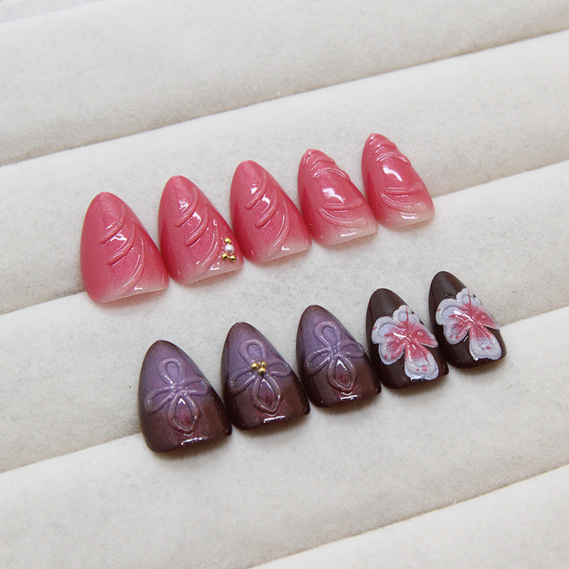 3D flower Purple Press on Nails 24Pcs Short Almond Nails