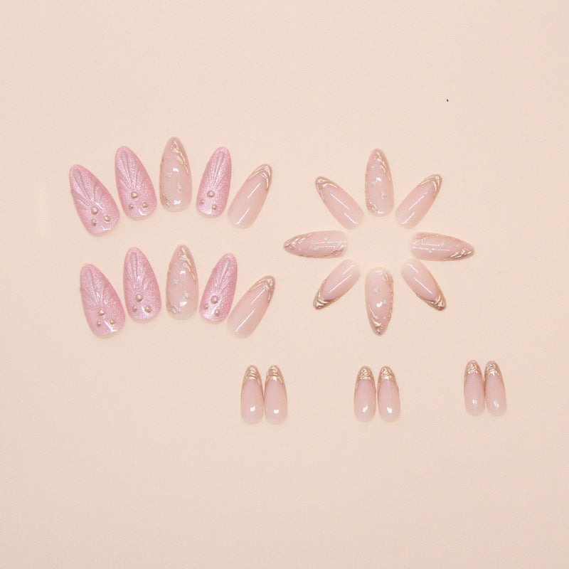 3D shell golden lines Pink Press on Nails 24Pcs Medium Almond Nails