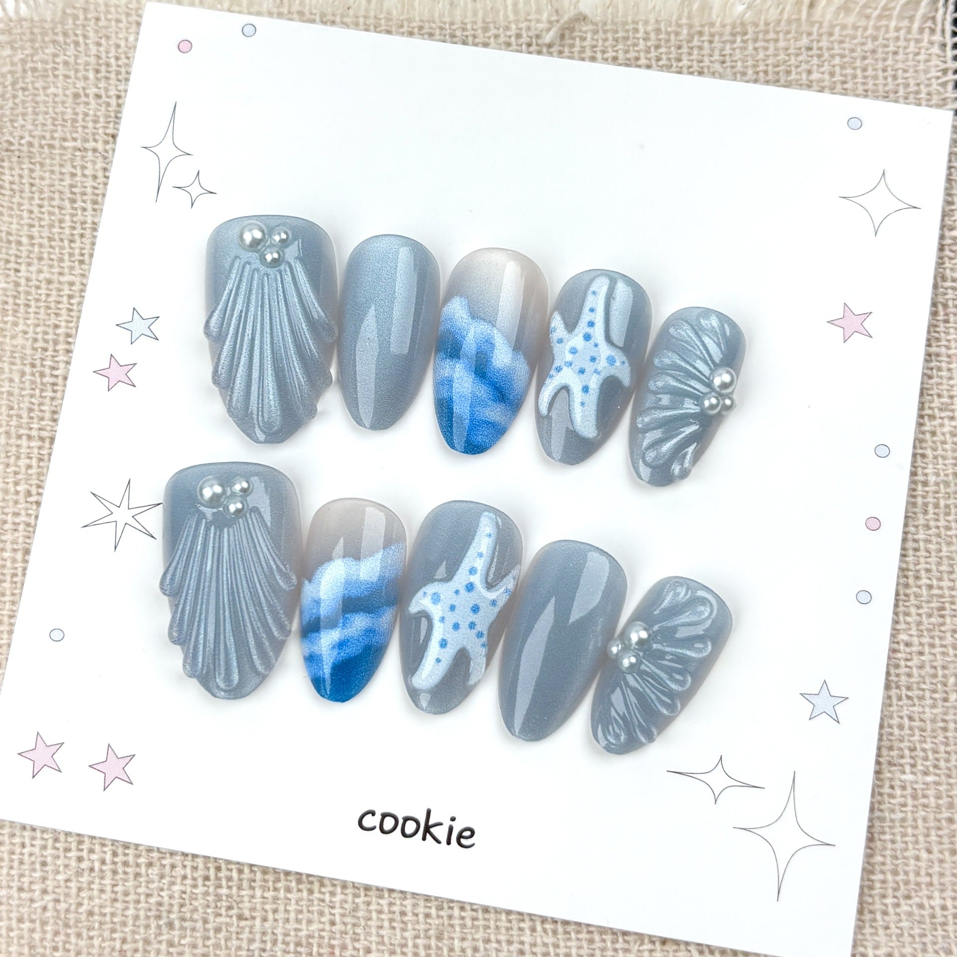 Sea Salt Water Ripples Cat Eye Press on Nails 10Pcs Medium Almond Nails