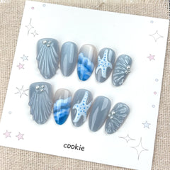 Sea Salt Water Ripples Cat Eye Press on Nails 10Pcs Medium Almond Nails