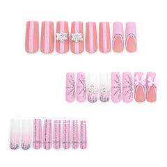 Bow Snowflake Pink Press on Nails 24Pcs Long Squoval Nails