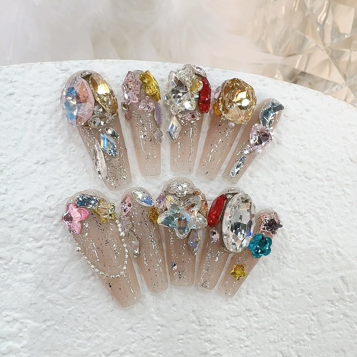 Sparkling Colored Diamonds Handmade press on Nails / 10Pcs  Ballerina Nails