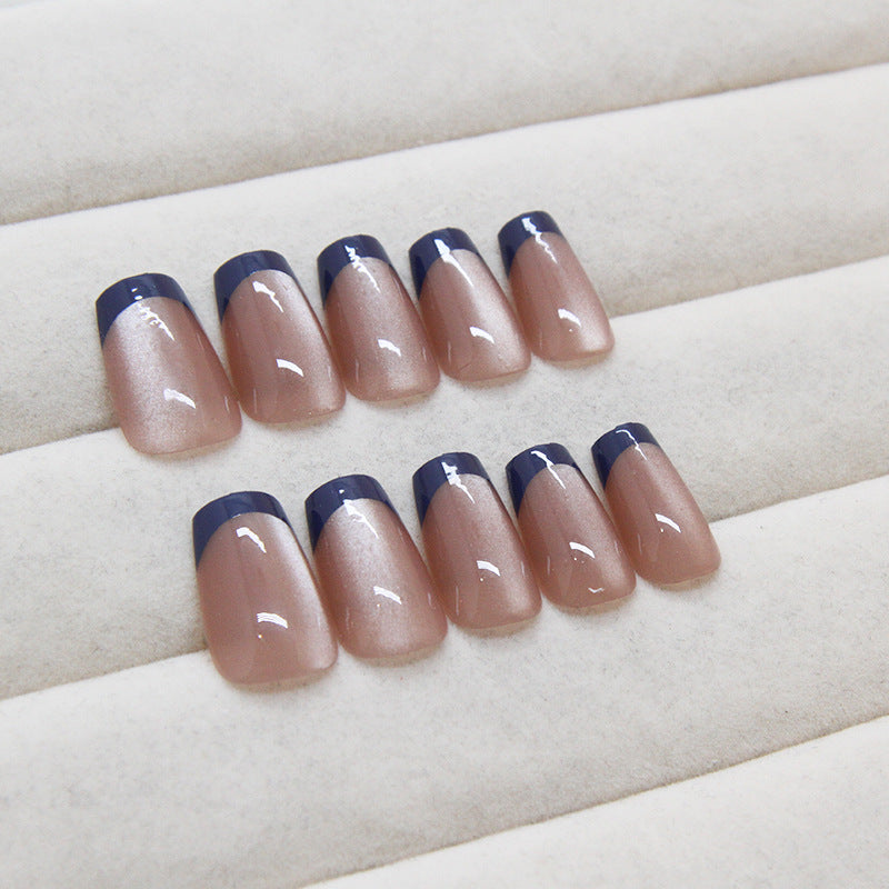 Blue French Cat Eye Nude Press on Nails 24Pcs Medium Squoval Nails