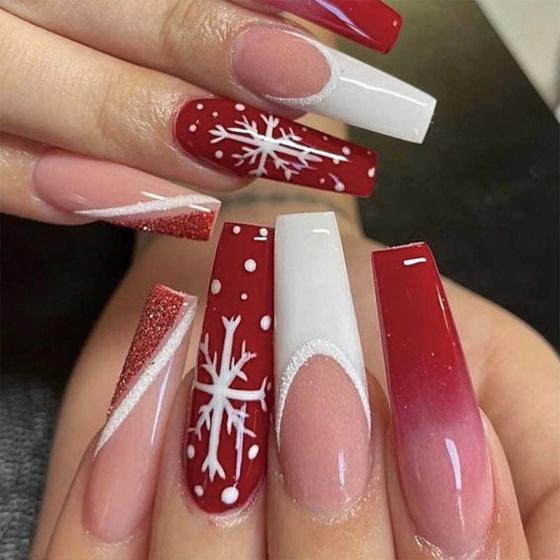 Snowflake French Press on Nails 24Pcs Long Ballerina Nails