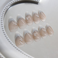 3D French Pearl White Press on Nails 24Pcs Short Almond Nails