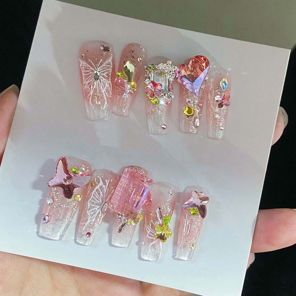 Pink Diamond Butterfly Handmade press on Nails / 10Pcs Ballerina  Nails