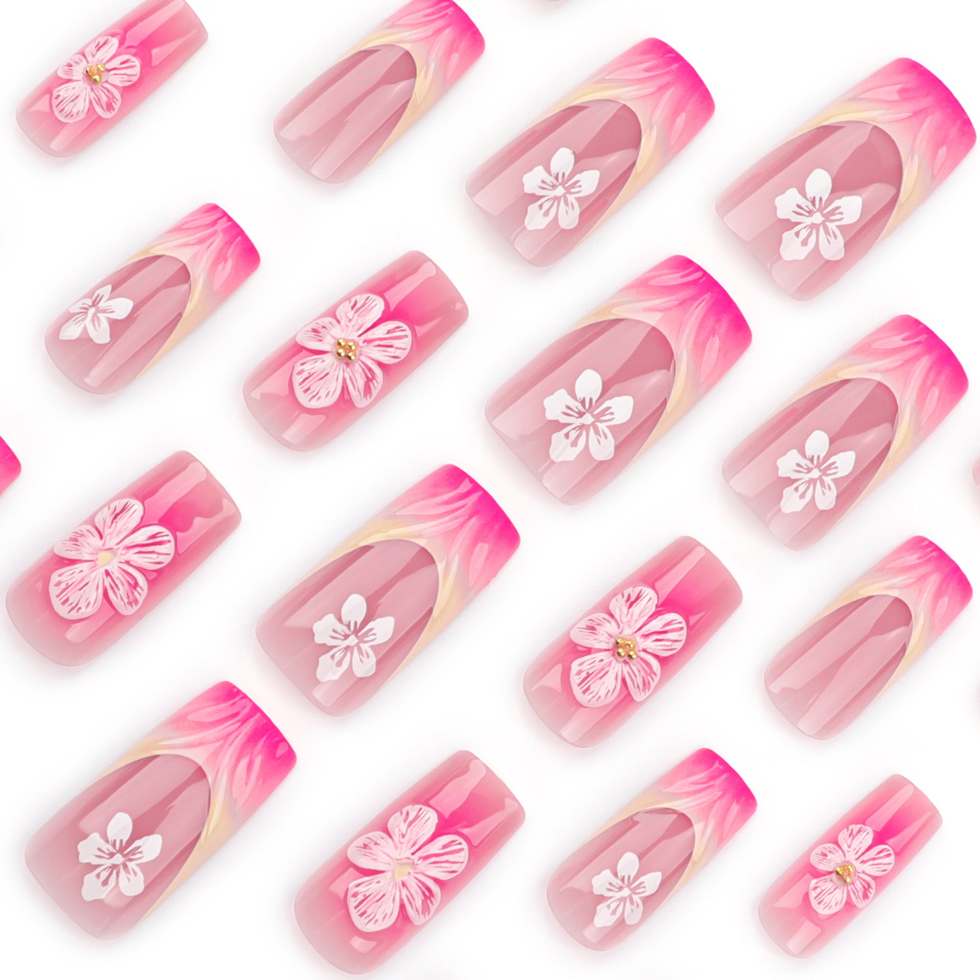 French Blush 3D Flowers Press on Nails 24Pcs Medium Squoval  Nails