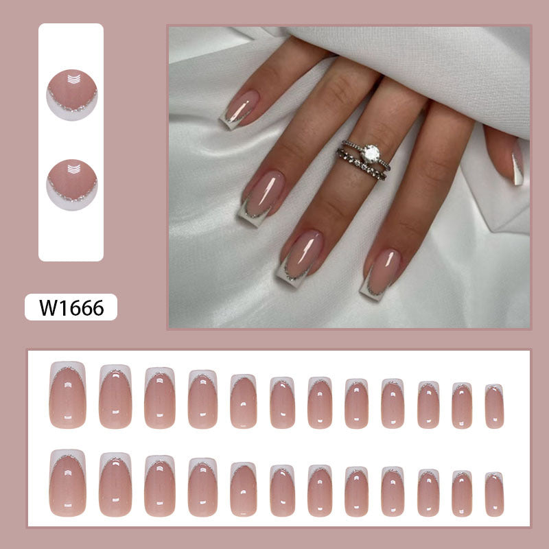 Simple Fine Glitter French Nude Press on Nails 24Pcs Medium Oval Nails