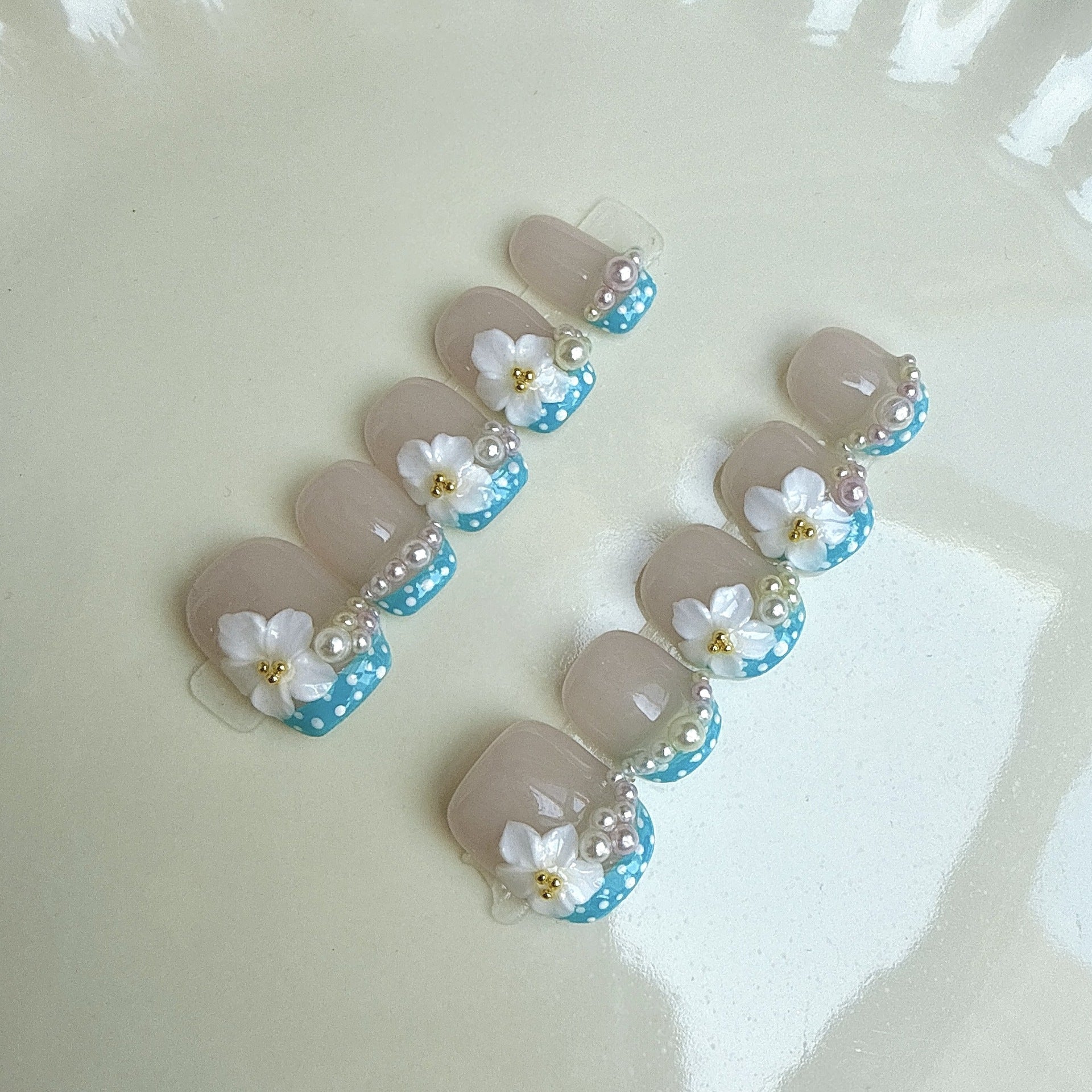 3D Flower Pearl French（Handmade press on nails）/10Pcs Square Nails