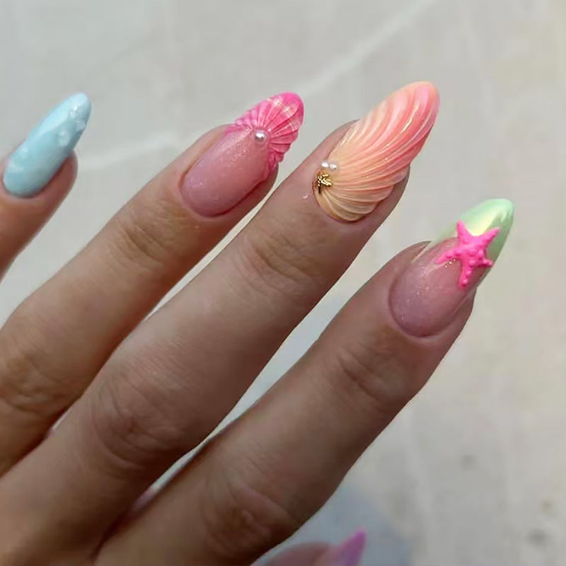 Colorful 3D seashells Summer Press on Nails 24Pcs Medium Almond Nails