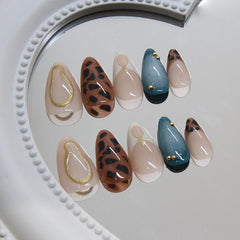 3D Leopard Print Nude Press on Nails 24Pcs Short Almond Nails