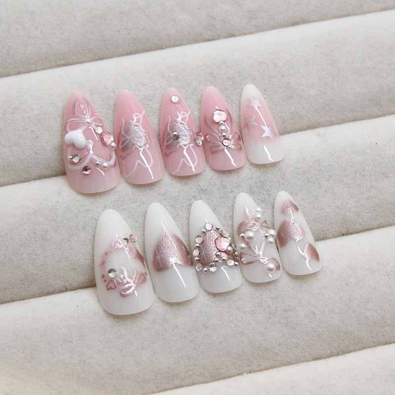 Cute bow diamond Pink Press on Nails 24Pcs Medium Almond Nails