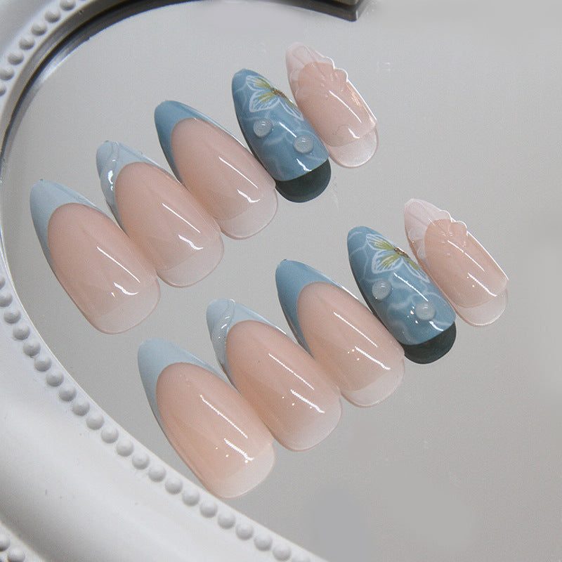 Summer Sea Wave Shells Blue Press on Nails 24Pcs Medium Almond Nails