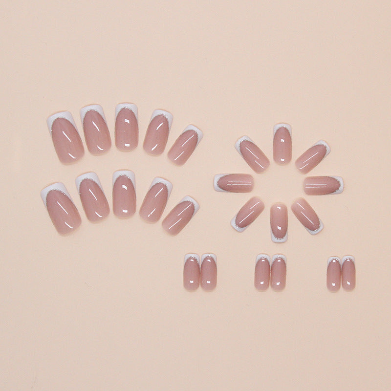 Simple Fine Glitter French Nude Press on Nails 24Pcs Medium Oval Nails