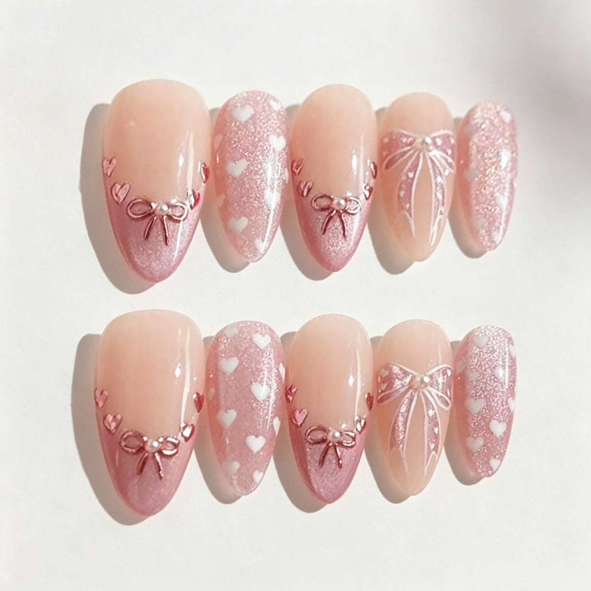 Polka Dot Love Bow Presson on Nails 10Pcs Medium Almond Nails