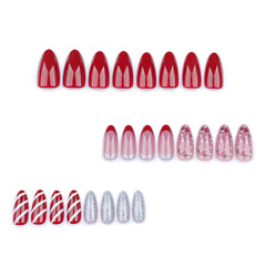 Red Candy Stripes Press on Nails 24Pcs Medium Almond Nails