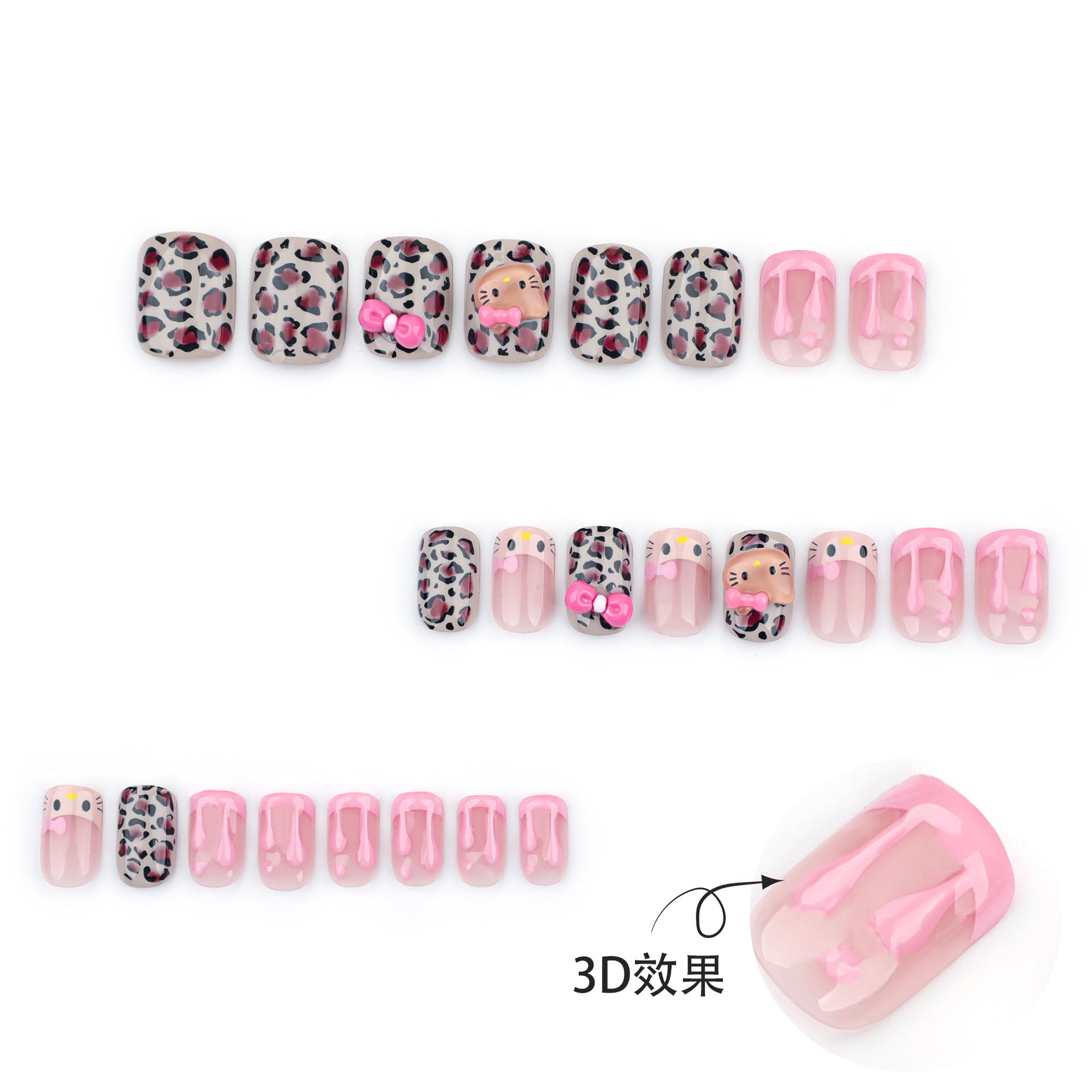 3D Pink French Leopard Kitty Press on Nails 24Pcs Short Squoval Nails