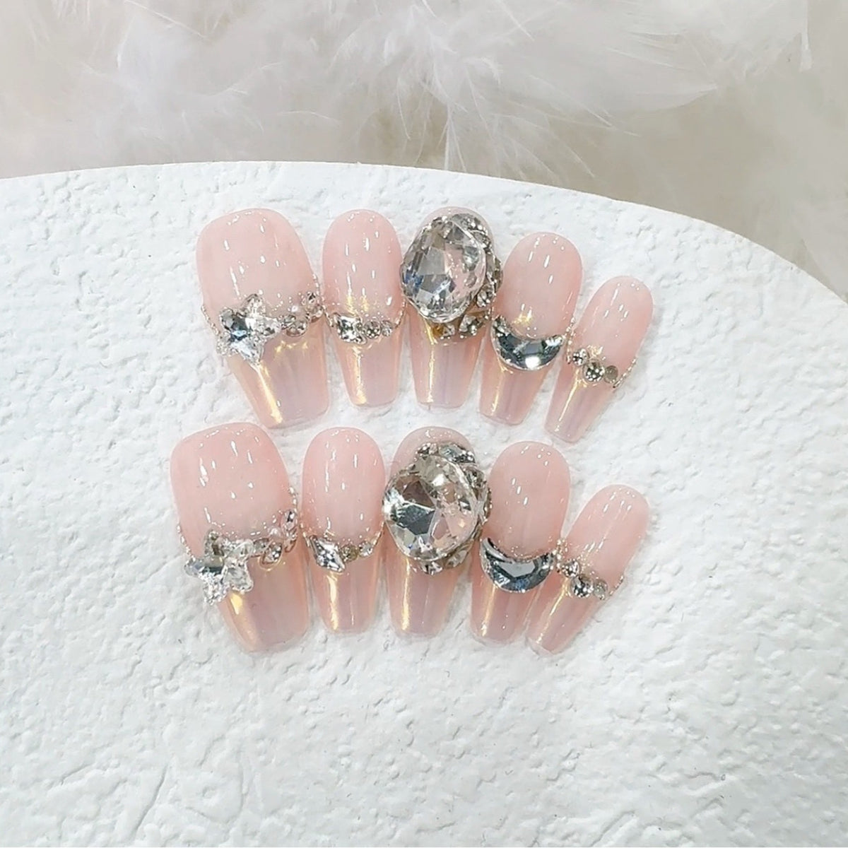 Aurora French Diamond Handmade press on Nails / 10Pcs  Ballerina Nails