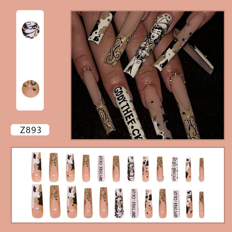 French Western Cowboy White Press on Nails 24Pcs Long Squoval Nails