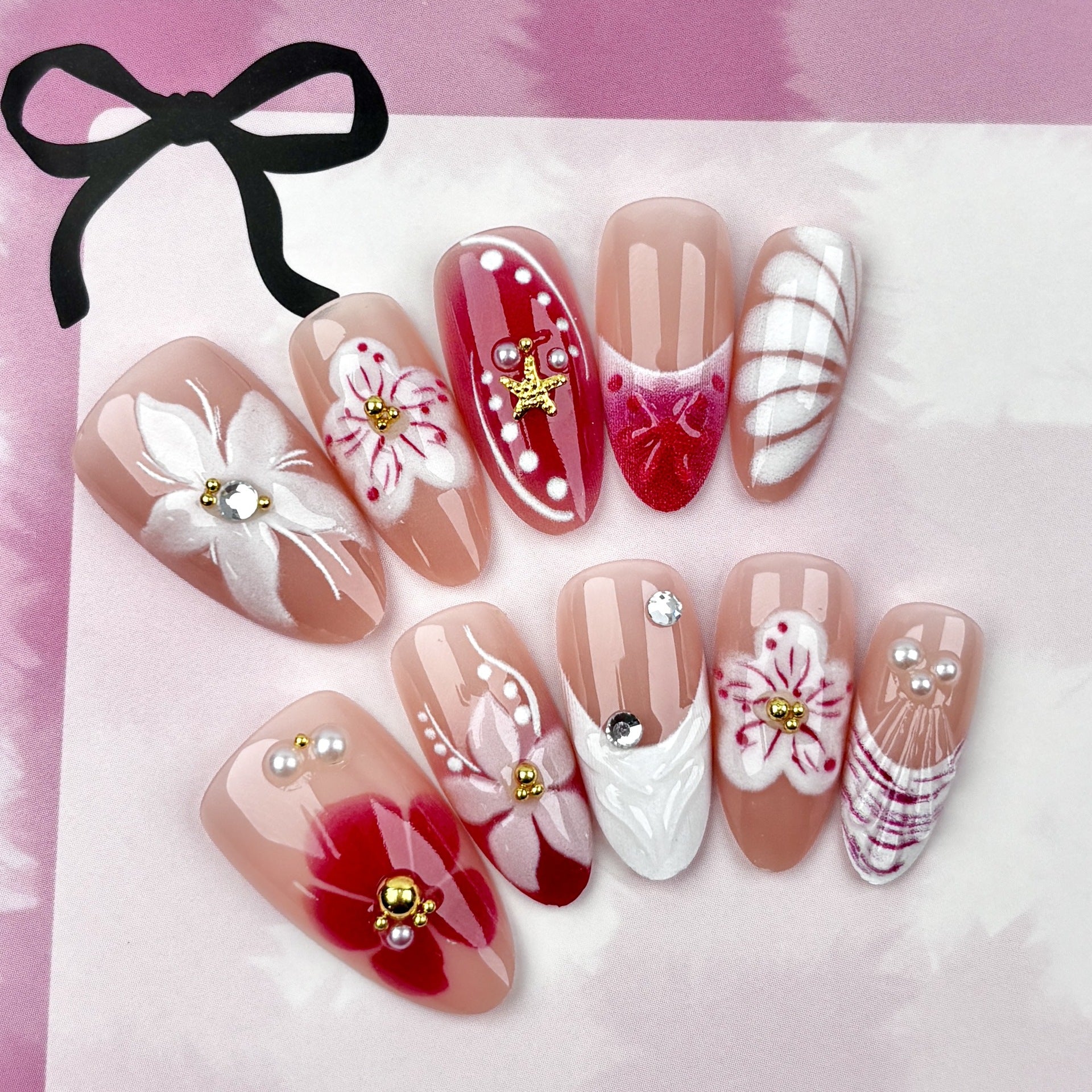 Cherry Bloom Press on Nails 10Pcs Medium Almond Nails