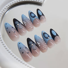 3D Pearl Shell Blue Press on Nails 24Pcs Medium Almond Nails