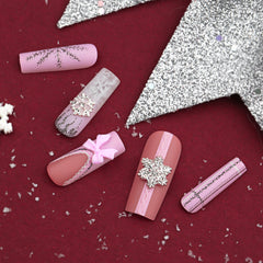 Bow Snowflake Pink Press on Nails 24Pcs Long Squoval Nails