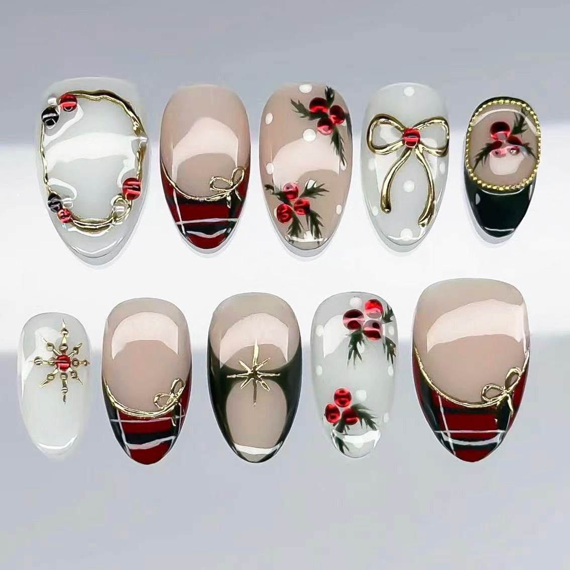 Christmas Red Fruit Bow Presson on Nails 10Pcs Medium Almond Nails