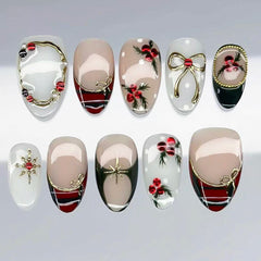 Christmas Red Fruit Bow Presson on Nails 10Pcs Medium Almond Nails