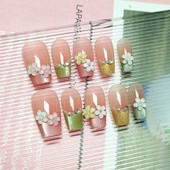 Colorful French Flowers Cat Eye（Handmade press on nails）/10Pcs Ballerina Nails