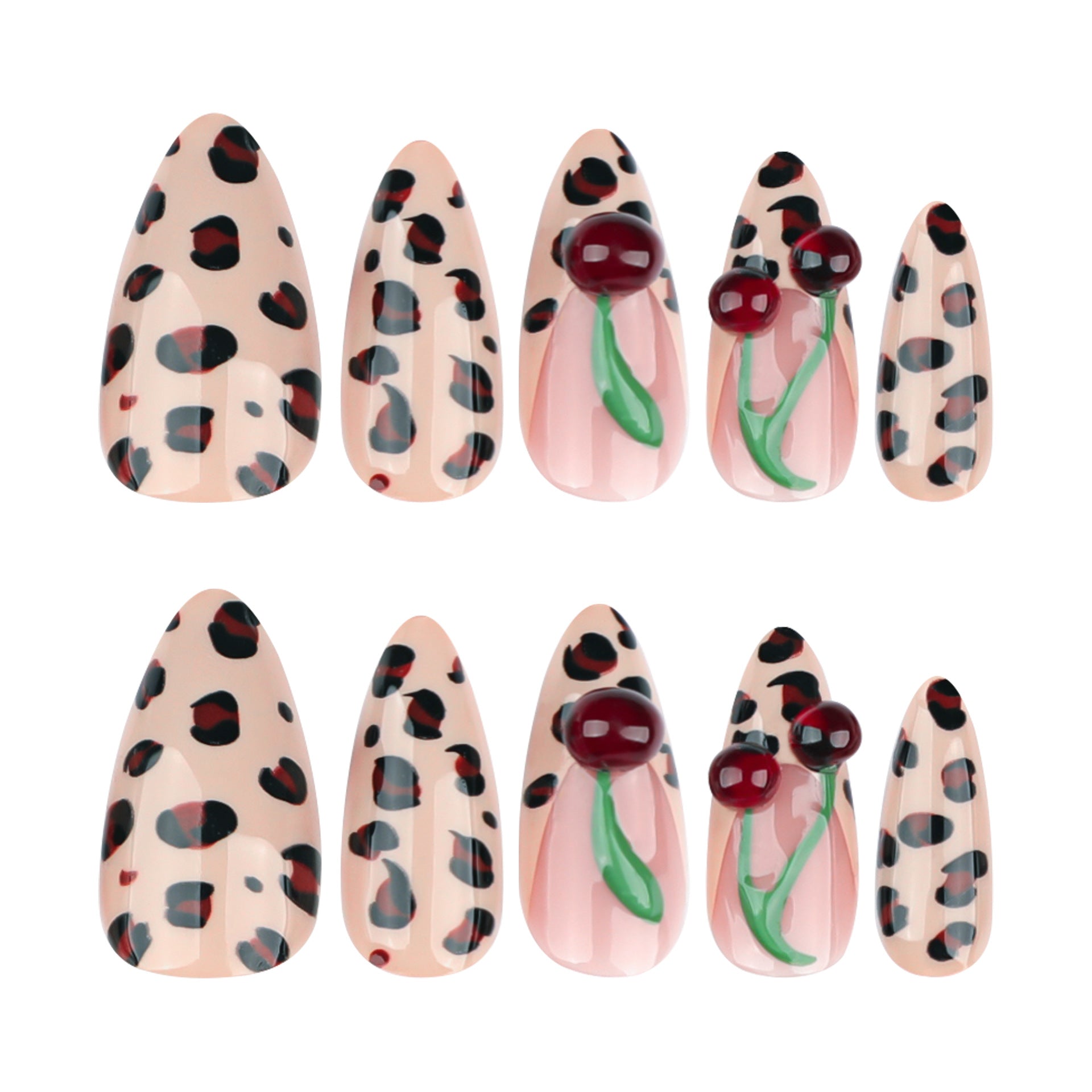 Leopard Print Cherry Press on Nails 24Pcs Medium Almond Nails