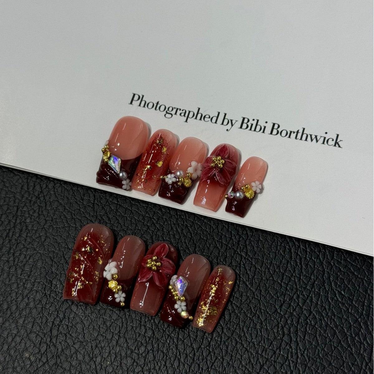 Burgundy Floral（Handmade press on nails）/10Pcs Square Nails