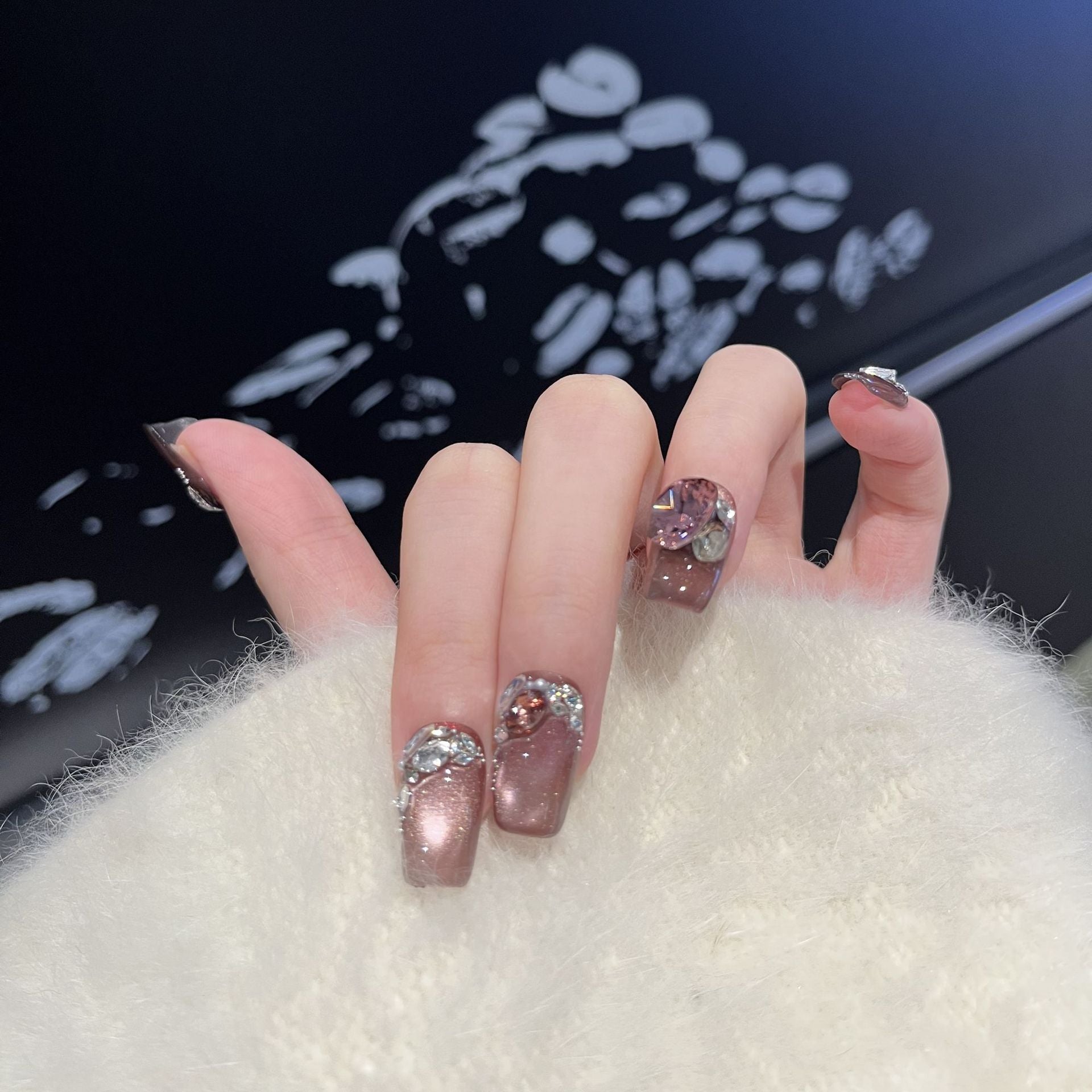 Glass Bead Zircon Cat Eye（Handmade press on nails）/10Pcs Square Nails